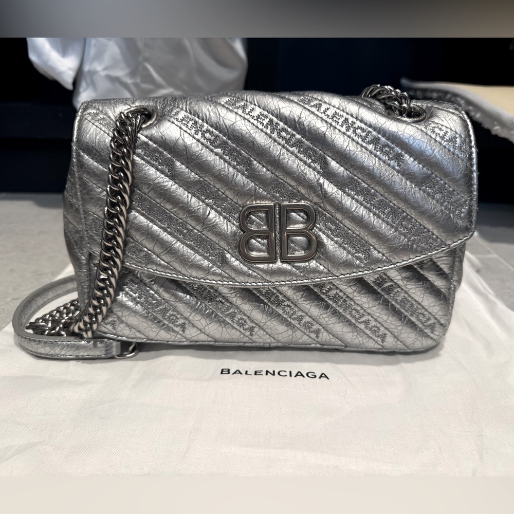 Balenciaga Silver Quilted BB Chain Crossbody Bag